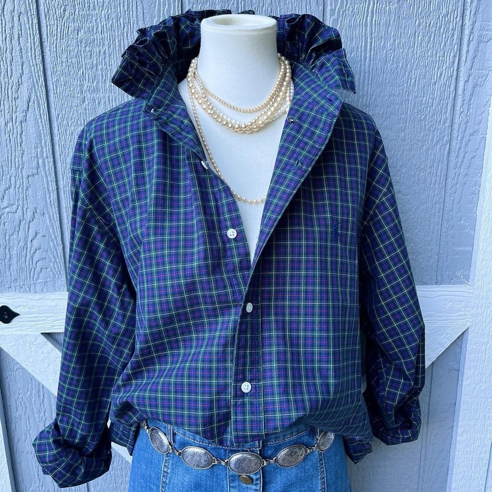 Upcycled Re-worked Ralph Lauren Classic Blackwatch Plaid Ruffle Collar Shirt XXL